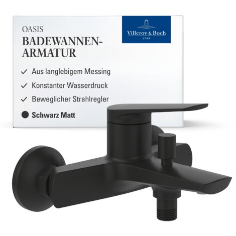 Villeroy & Boch Oasis Badewannenarmatur Aufputz, Wasserhahn Badewanne mit Rückflussschutz und Umstellfunktion, Mischbatterie Badewanne mit beweglichem Strahlregler, rund, Matt Black