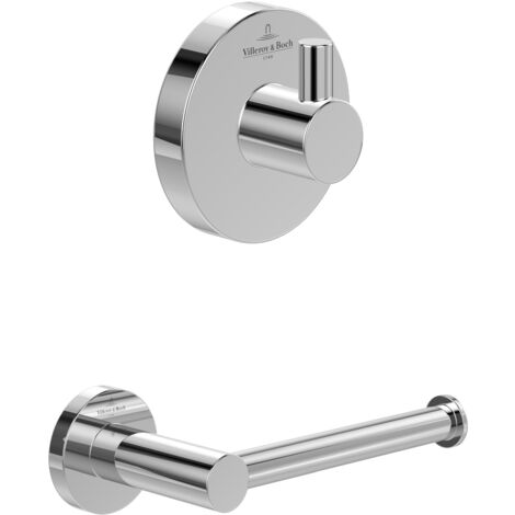 Villeroy & Boch Elements-Tender Badaccessoire-Set (2 in 1 Bundle), Bad Zubehör Set bestehend aus Handtuchhaken und Toilettenpapierhalter ohne Deckel, Chrom