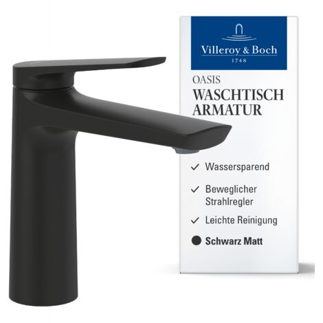 Villeroy & Boch Oasis Waschtischarmatur ohne Zugstange, Wasserhahn Bad mit Keramikkartusche, Waschbeckenarmatur wassersparend, Auslauf Höhe 114mm, rund, Matt Black