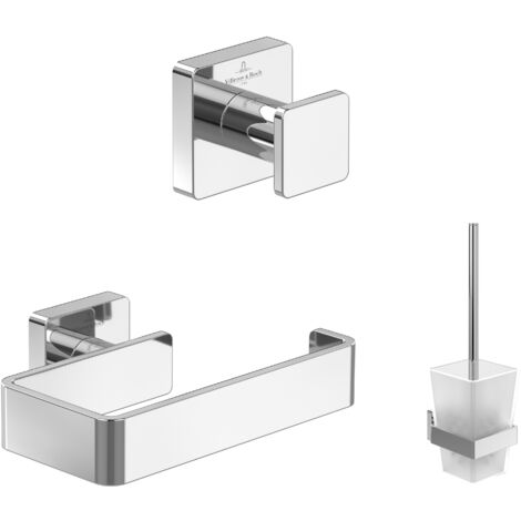 Villeroy & Boch Elements-Striking Accessoire-Set (3 in 1 Bundle), Bad Zubehör Set bestehend aus Handtuchhaken, Toilettenpapierhalter ohne Deckel und Toilettenbürstengarnitur, Chrom