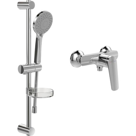 Villeroy & Boch Oasis Duschset Aufputz (2 in 1 Bundle), Duschsystem mit Duscharmatur, Handbrause, Handbrauseschlauch, Duschstange inkl. Handbrausehalter, Chrom