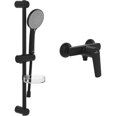 Villeroy & Boch Oasis Duschset Aufputz (2 in 1 Bundle), Duschsystem mit Duscharmatur, Handbrause, Handbrauseschlauch, Duschstange inkl. Handbrausehalter, Matt Black