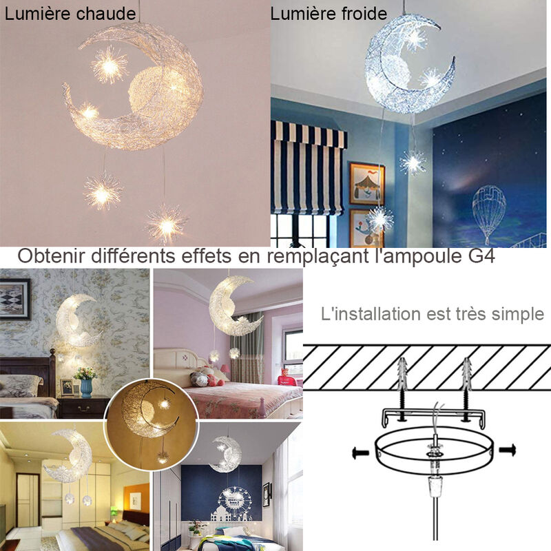 Ampoules offertes lustre à 5 lumières LED lune étoile pour chambre