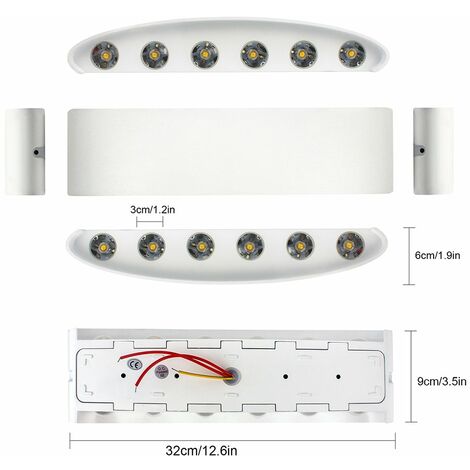 Applique Murale Interieur LED 12W Blanc en Aluminium, Lampe Murale Moderne Up Down Spot Lampe pour Salon Chambre Hall Escalier Pathway (Blanc Chaud)