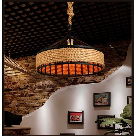 Retro Suspension Luminaire Industriel  40cm Noir ,  La lumière au plafond en fer Corde de chanvre Vintage Loft Lustre Plafonnier  Décoration pour Salon, Cuisine, Restaurant, Bar