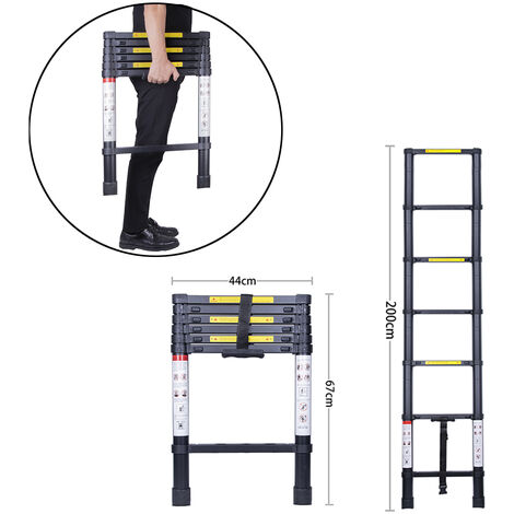 Échelle Télescopique en Aluminium Escabeau Télescopique Professionnelle  Noir Échelle Pliable Charge Max 150 kg - 2.0M