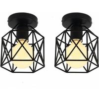 Lot de 2 Plafonnier Industrielle en Métal Cage Carré, Lustre Abat-jour Fer Luminaire E27 40W Noir pour Salon Chambre Bar