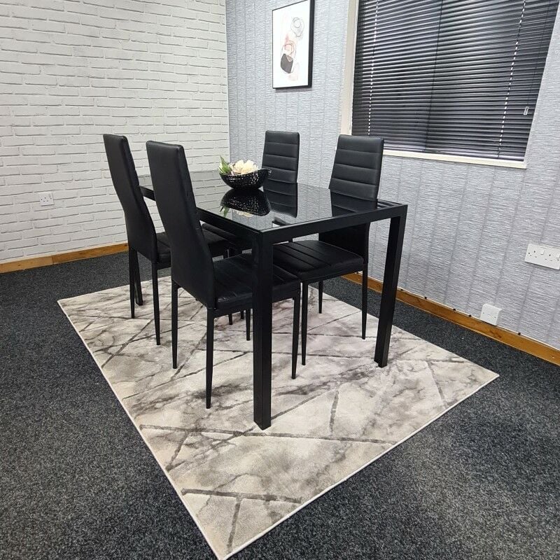 Kosy Koala All Black Glass Dining Table, Glass Dining Table And 4 Faux Leather Chairs