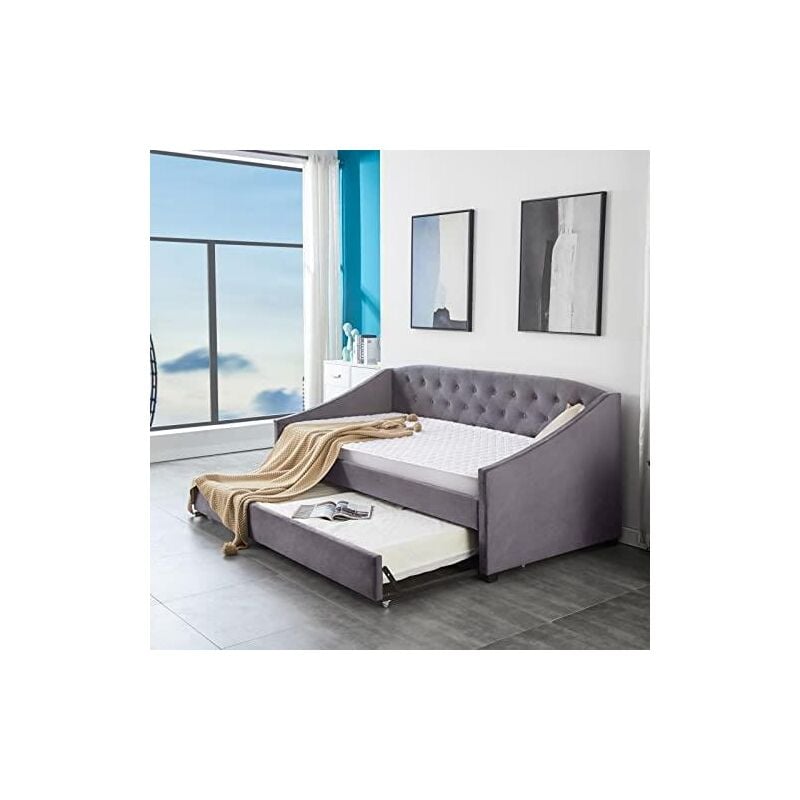 Daybed with Trundle grey 3ft single velvet tufted wooden day bed bedroom