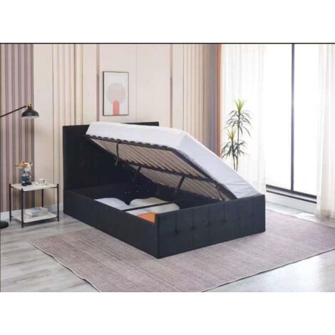 Ottoman Bed Gas Lift Storage Black 3ft Single Velvet Cushioned Bedroom