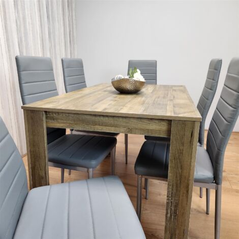 Dining Table and 6 Chairs Rustic Effect Wood Table 6 Grey Leather ...