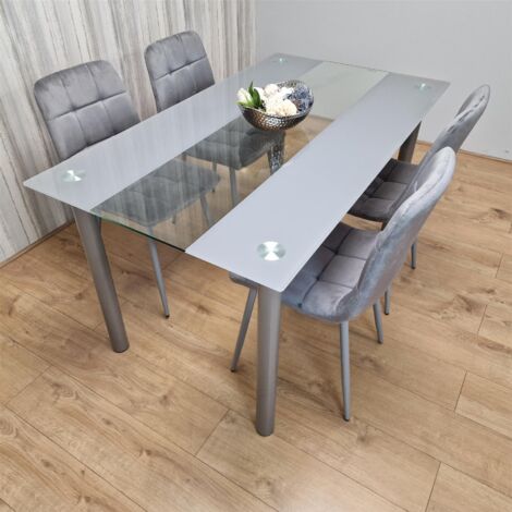 Dining Table and 4 Chairs Grey Clear Glass 4 Velvet Grey Chairs Dining Room Furniture