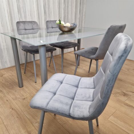 Dining Table and 4 Chairs Grey Clear Glass 4 Velvet Grey Chairs Dining Room Furniture