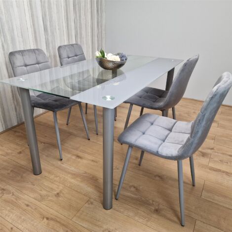 Dining Table and 4 Chairs Grey Clear Glass 4 Velvet Grey Chairs Dining Room Furniture
