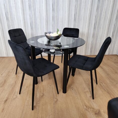 Dining Table and 4 Chairs Round Glass Black  4 Black  Velvet Chairs Dining Room Furniture