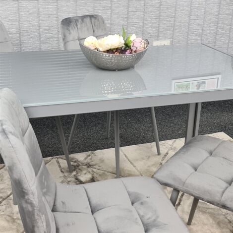 Dining Table and 4 Grey Velvet  Chairs Grey  Glass Table 4 Velvet Chairs  Dining Room Furniture