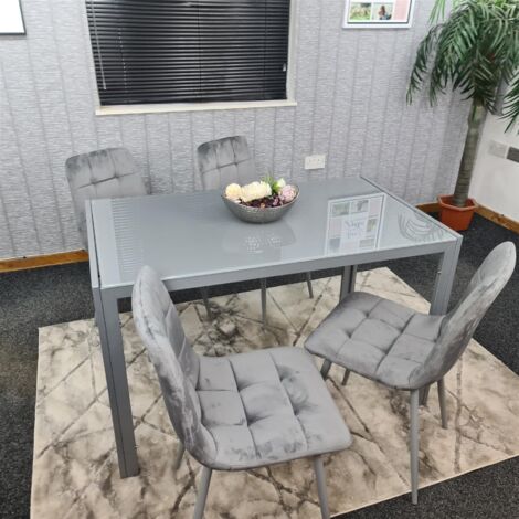 Dining Table and 4 Grey Velvet  Chairs Grey  Glass Table 4 Velvet Chairs  Dining Room Furniture