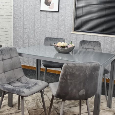 Dining Table and 4 Grey Velvet  Chairs Grey  Glass Table 4 Velvet Chairs  Dining Room Furniture