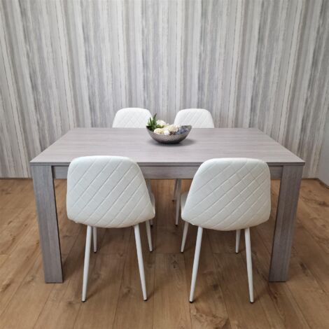 Dining Table and 4 Chairs Grey 4 white Leather Chairs Wood Dining Set Furniture (1/5)