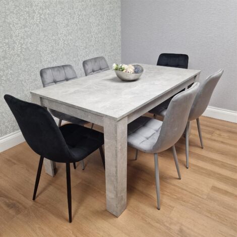 Dining Table and 6 Chairs Stone Grey Effect Wood Table 6 Black Grey Velvet Chairs Dining Room (1/5)