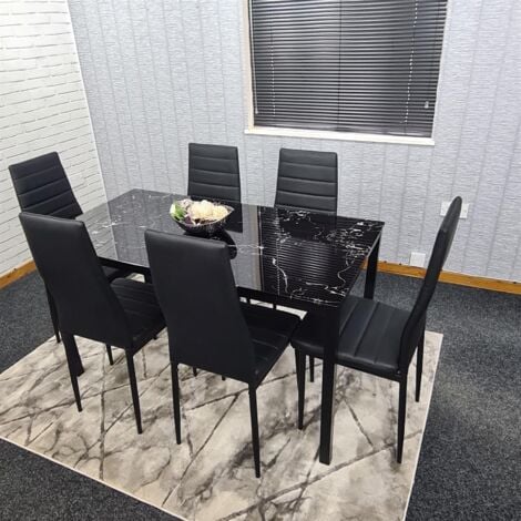 Dining Table and 6 Chairs Black Marble Effect Glass 6 Leather Black ...