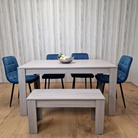 Dining Table and 4 Chairs With bench Grey 4 Blue Velvet Chairs Wood Dining Set Furniture (1/5)