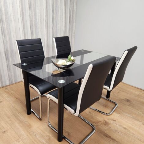 Dining Table and 4 Chairs Black Clear Glass 4 Leather Black White Chairs Dining Room Furniture