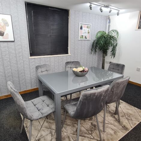 Dining Table and 6 Chairs Grey  Glass 6 Velvet Chairs  Dining Room Furniture