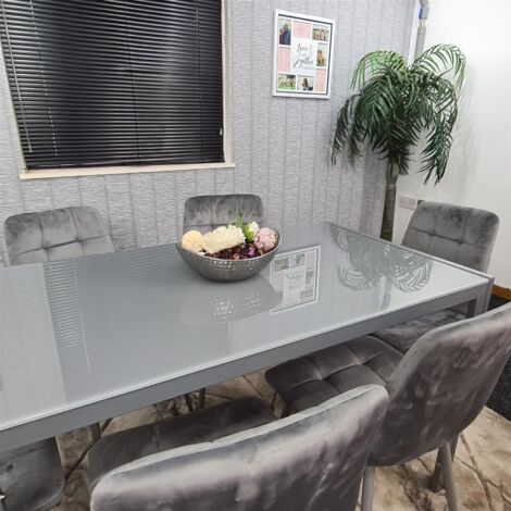 Dining Table and 6 Chairs Grey  Glass 6 Velvet Chairs  Dining Room Furniture