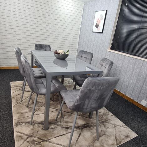 Dining Table and 6 Chairs Grey  Glass 6 Velvet Chairs  Dining Room Furniture