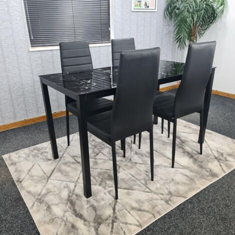 Dining Table and 4 Chairs Black Marble Effect Glass 4 Leather Black Chairs Dining Room Furniture