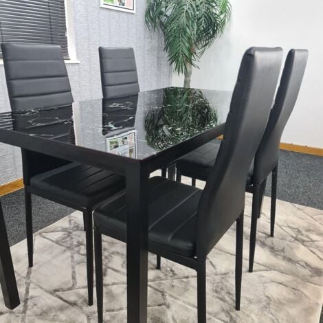 Dining Table and 4 Chairs Black Marble Effect Glass 4 Leather Black Chairs Dining Room Furniture