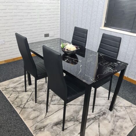 Dining Table and 4 Chairs Black Marble Effect Glass 4 Leather Black Chairs Dining Room Furniture