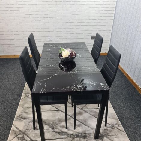 Dining Table and 4 Chairs Black Marble Effect Glass 4 Leather Black Chairs Dining Room Furniture