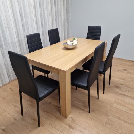Dining Set of 6 Dining Table and 6 Black Faux leather Chairs Dinig Room Furniture (1/5)
