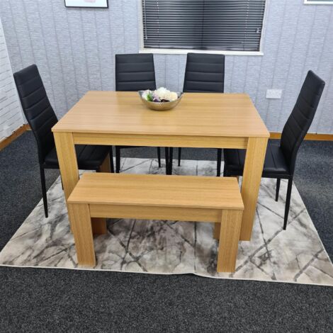 Dining Table and 4 Chairs With Bench Oak Effect Wood 4 Black Leather Chairs Dining Room (1/5)