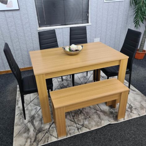 Dining Table and 4 Chairs With Bench Oak Effect Wood 4 Black Leather ...