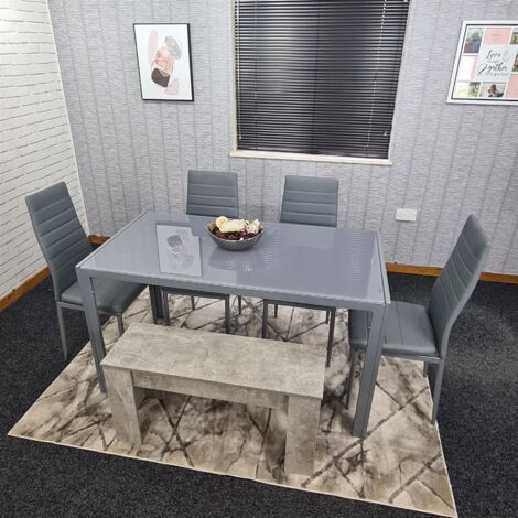 Dining table set with 4 grey faux leather chairs and bench – 8mm tempered glass top – Metal legs – For dining room or kitchen – Kosy Koala (1/5)