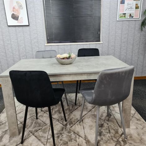 Dining Table and 4 Chairs Stone Grey Effect Wood Table 4 Grey Black Velvet Chairs Dining Room (1/5)