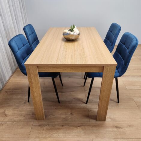 Dining table set with 4 velvet blue rocco chairs – High-quality MDF with melamine oak finish – Easy assembly – Chair size H87 x L59 x W44 cm – Kosy Koala (1/5)