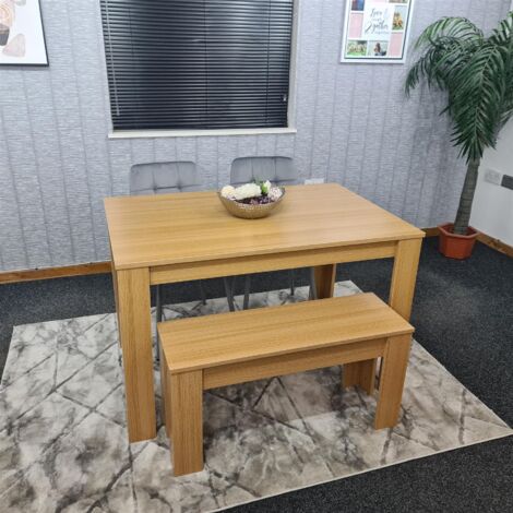 Dining Table and 2 Chairs With Bench Oak Effect Wood 2 Grey Velvet Chairs Dining Room (1/5)