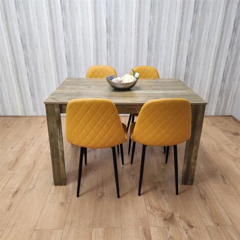 Dining Table and 4 Chairs Rustic Effect Table with 4 Mustard Gem Patterned Chairs (1/5)