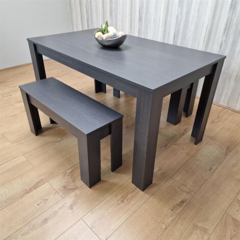 Dining Table and 2  Benches  Black Dark Grey Wood Dining Set Furniture (1/5)