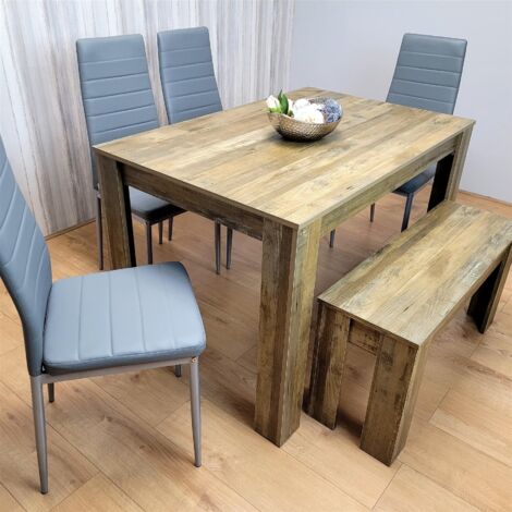 Wooden Dining Table Set for 6 Rustic Effect Table With 4 Grey Leather Chairs and 1 Bench (1/5)