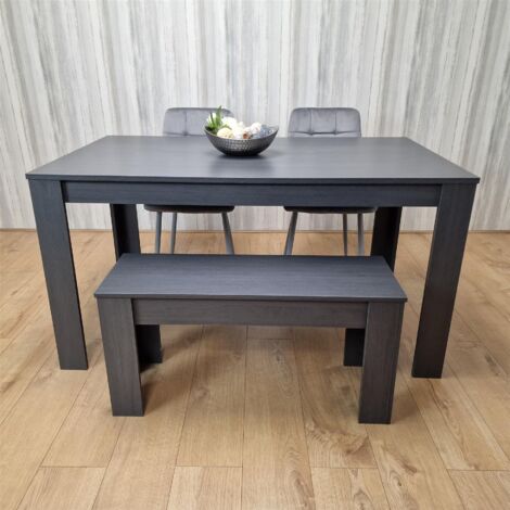 Dining Table and 2 Chairs With Bench  Black Dark Grey Velvet Chairs Wood Dining Set Furniture (1/5)