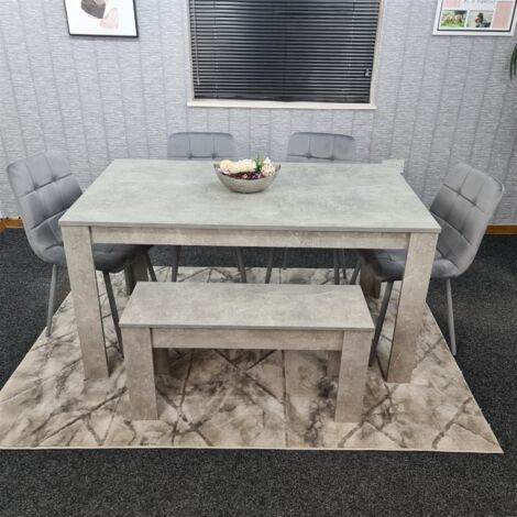 Dining Table and 4 Chairs With Bench Stone Grey Effect Wood Table 4 Grey Leather Chairs Dining Room (1/5)