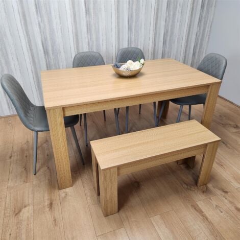 Wooden Dining Table Set for 6 Oak Effect Table With 4 Grey Gem Patterned  Chairs and 1 Bench
