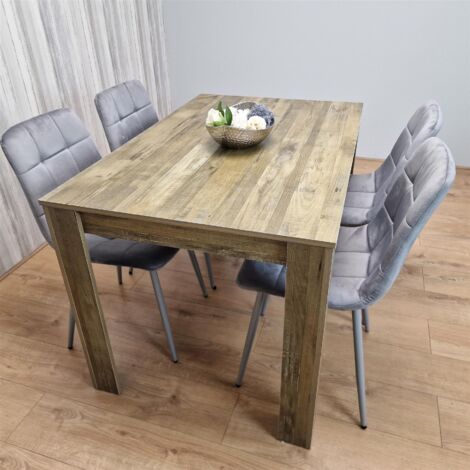 Dining Table and 4 Chairs Rustic Effect Wood Table 4 Grey Velvet Chairs Dining Room (1/5)