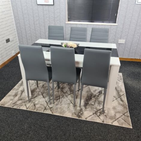 Dining Table and 6 Chairs White Black Wood 6 Leather Grey Chairs Dining Room (1/5)