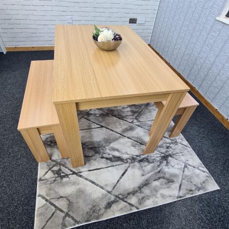 Dining Table and 2 Benches Oak Effect Wood Dining Room Furniture (1/5)